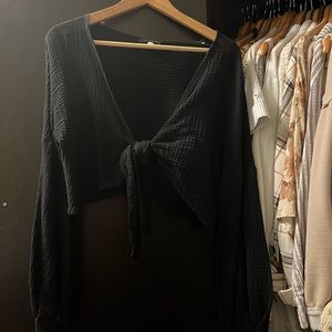 Waffle knit front tie blouse